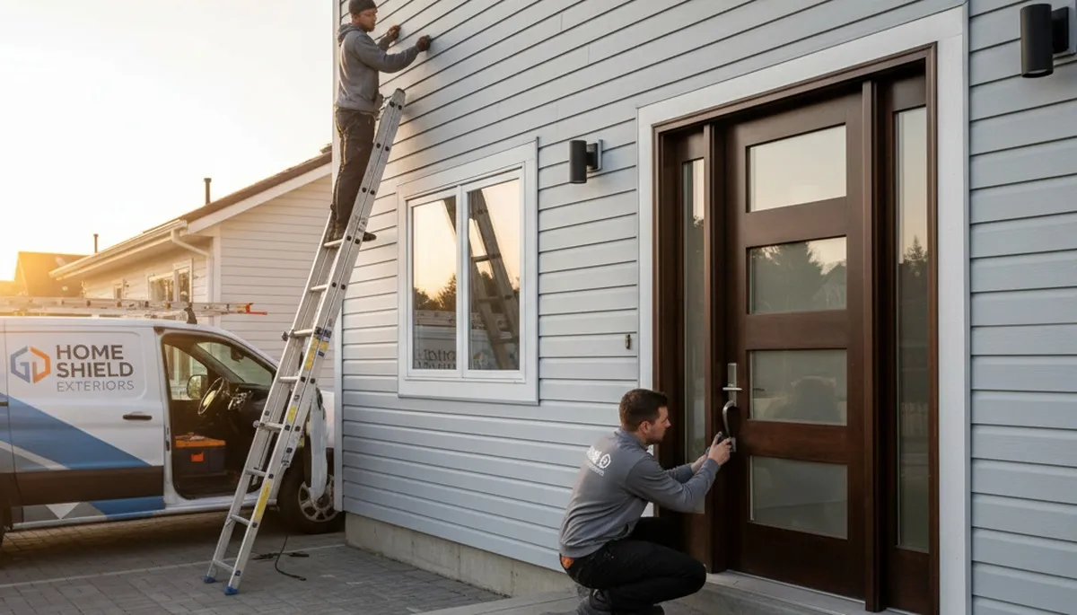 Technician repairing residential door with new vinyl siding in Rochester, NY home exterior