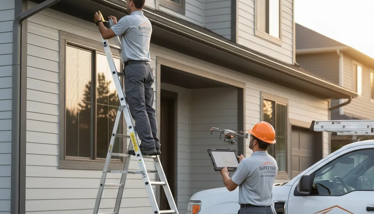 Technician performing gutter inspection on vinyl siding home in Rochester, NY