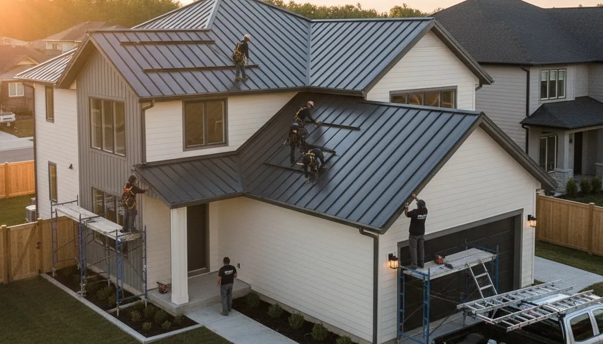 Metal roofing installation on home exterior in Rochester, NY by Next Level Exteriors professionals