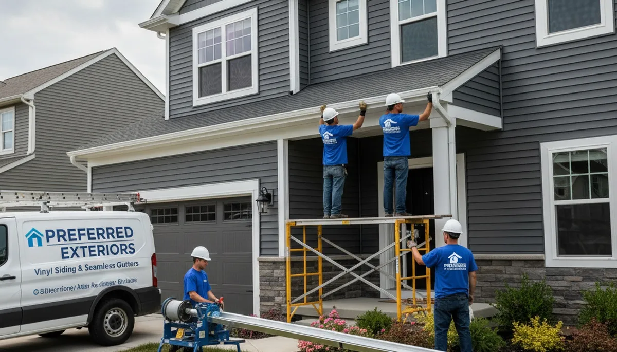 Seamless aluminum gutters installed on vinyl siding home in Rochester, NY by Next Level Exteriors